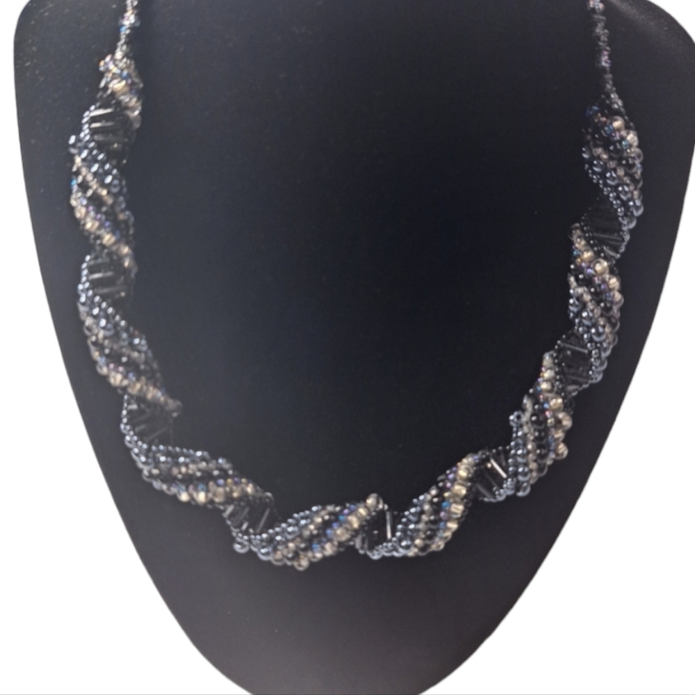 Women's‎ Handmade Seed Bead Black,Blue, & Clear Braided Choker Necklace 8…